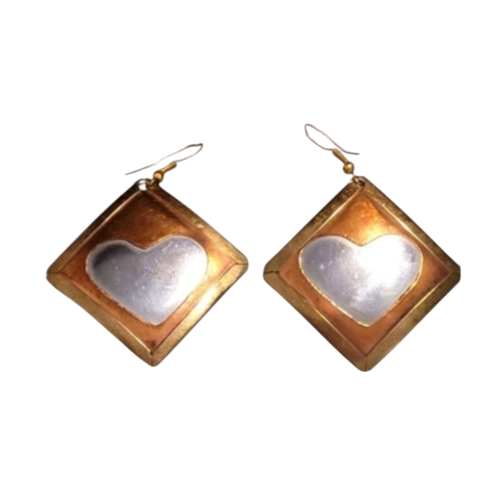 Vintage Antique Copper and Gold Diamond Shaped Dangle Earrings With Silver Heart